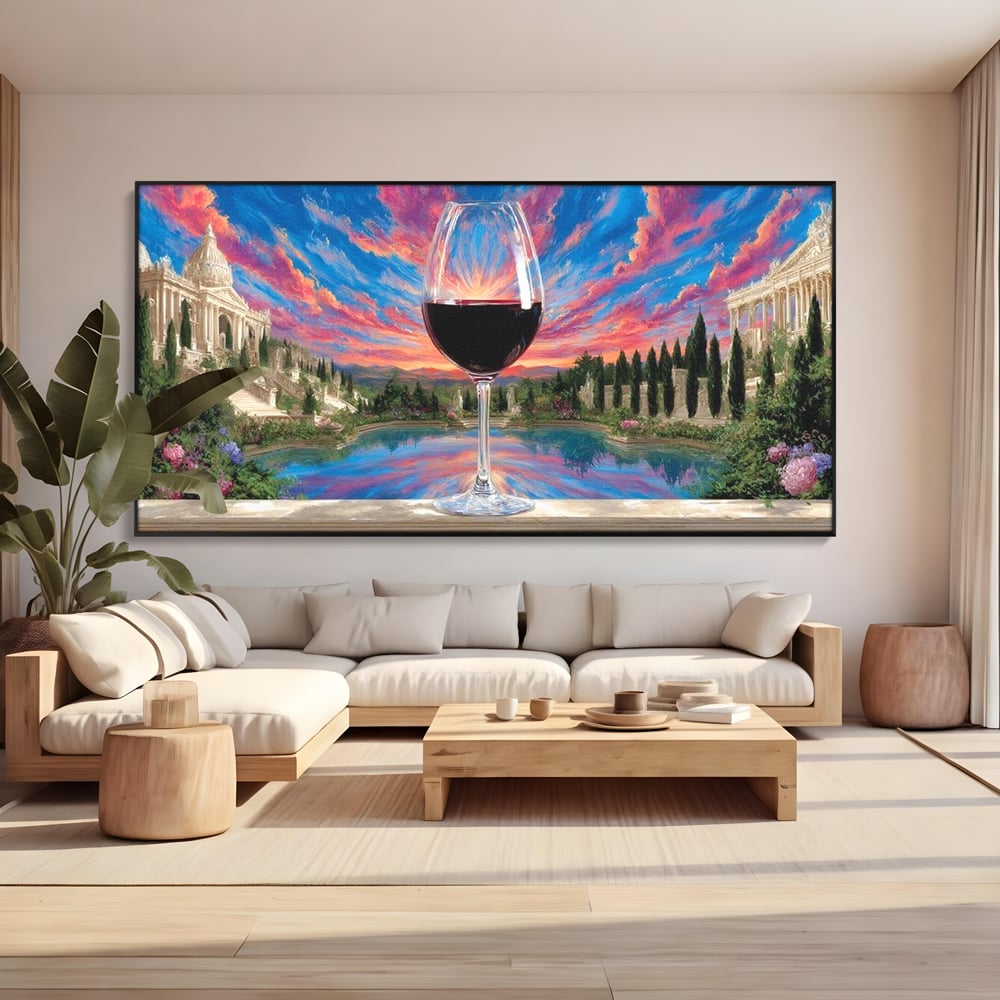 Tablou canvas cu tablou canvas cu pahar de vin si apus, in rama de aluminiu negru, pe perete intr-un living